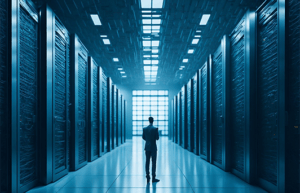 This image portrays a quantum data center with the servers stretching from the floor to the ceiling. There is a man standing in the aisle between the servers.