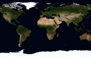 This image is of the world from an aerial view. The ocean is dark blue, with green, brown, and white depicting landmasses in their respective regions.