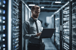 This image is of a man, holding a laptop, standing inside of a hyperscale data center.