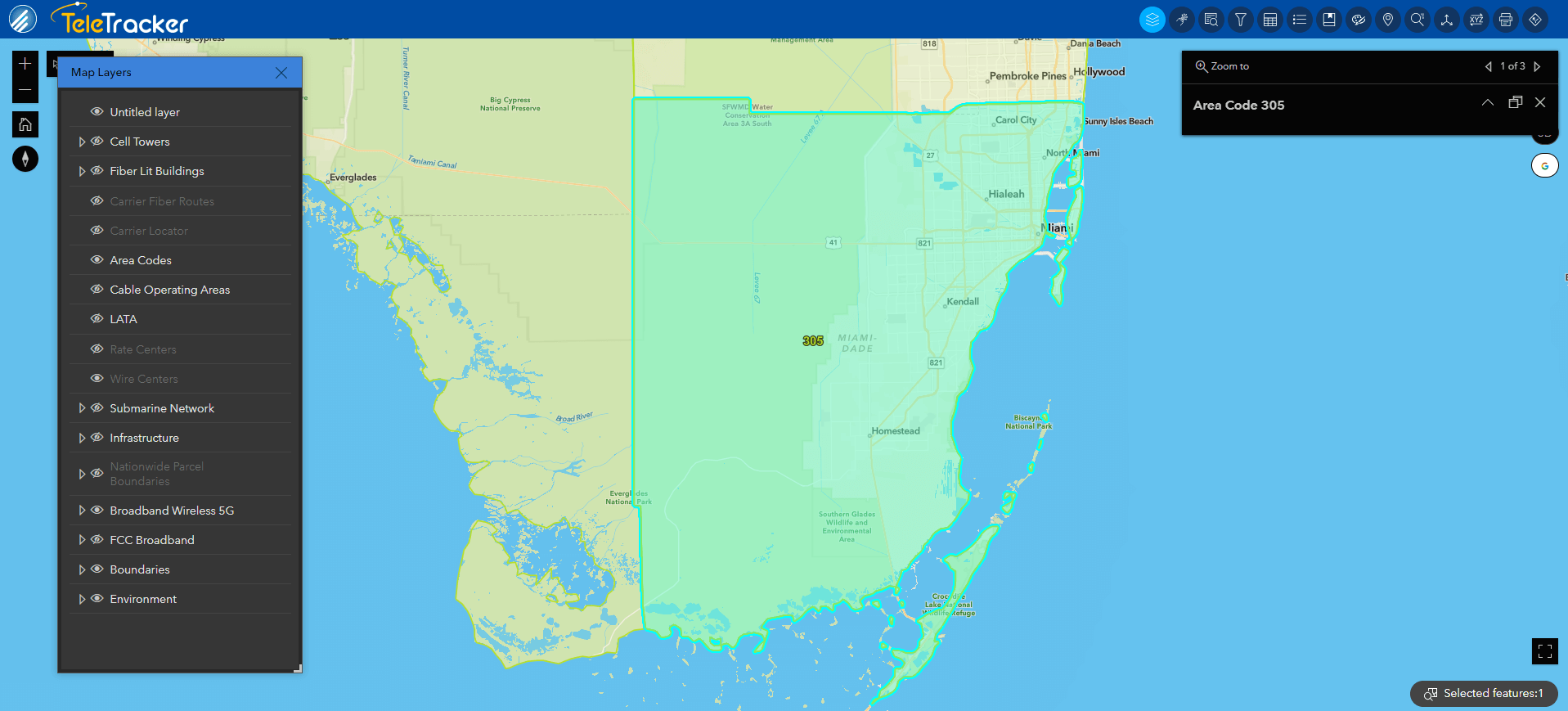 This image is of the Miami, FL area code (305). This area code is being displayed on the Community base map found within GeoTel's TeleTracker.