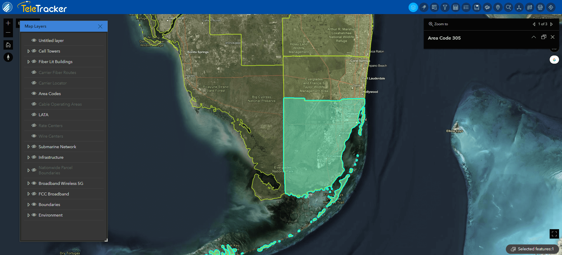 This image is an example of GeoTel's fiber maps that display area code boundaries. This map displays boundaries in South Florida on TeleTracker's Firefly Hybrid map which uses high-contrast lines and polygons as well as satellite imagery. 