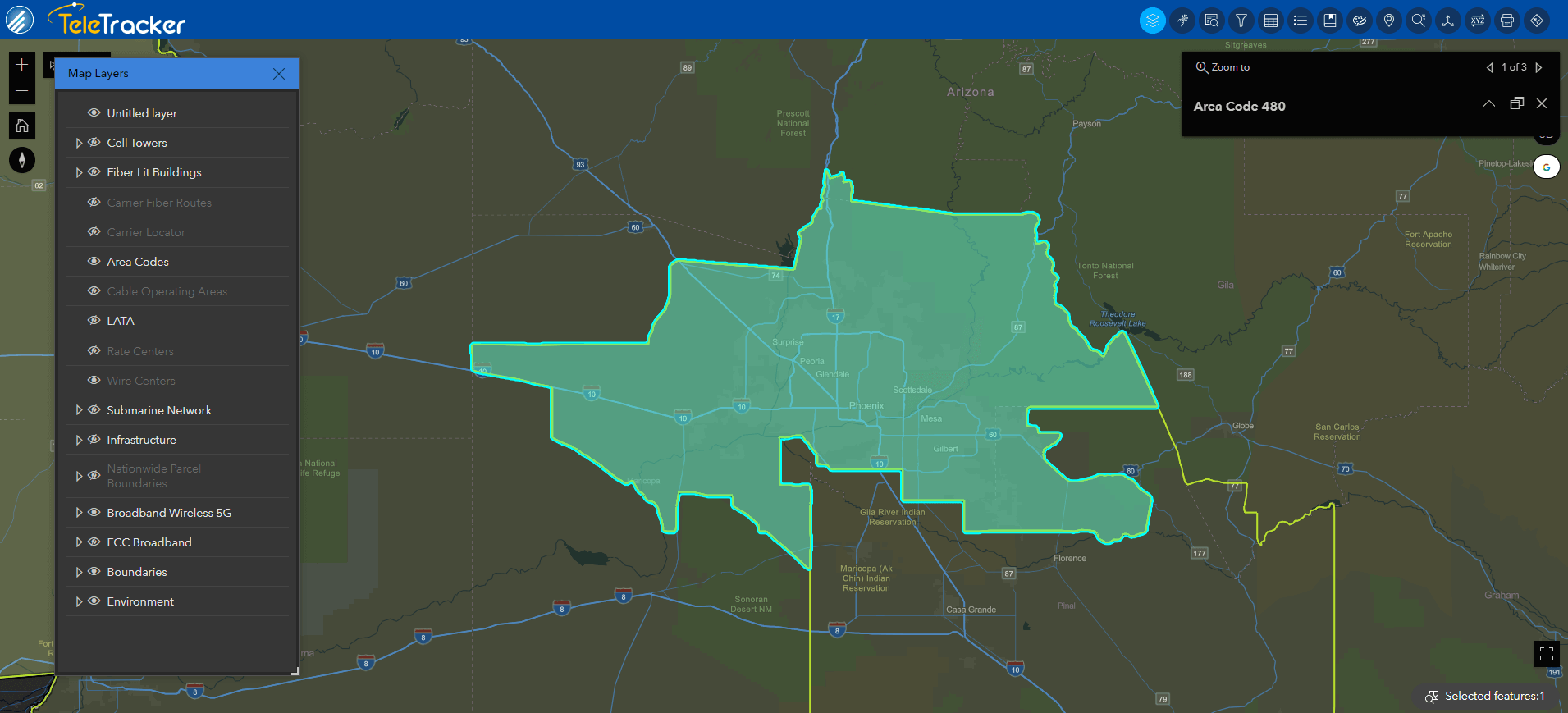 GeoTel's TeleTracker displays an area code boundary using high-contrast polygons on the Street Night base map. 