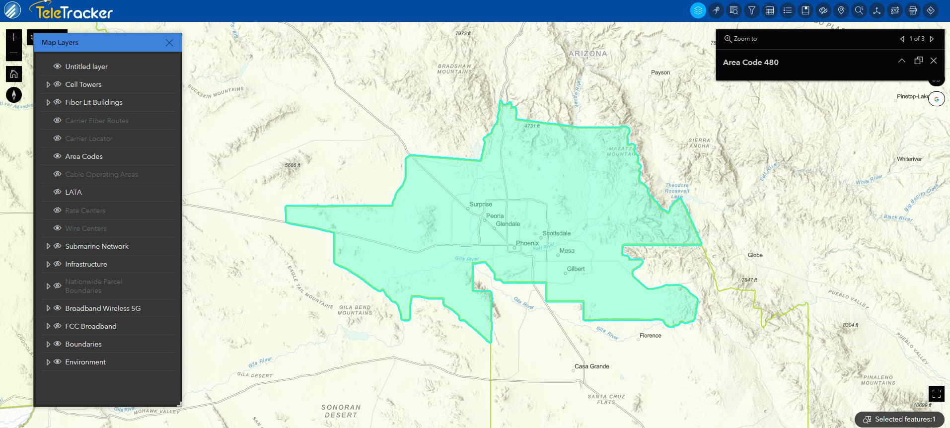 TeleTracker's Terrain with Labels base map displays a Phoenix, AZ area code (480). This base map shows and labels geographic features within the selected area. 