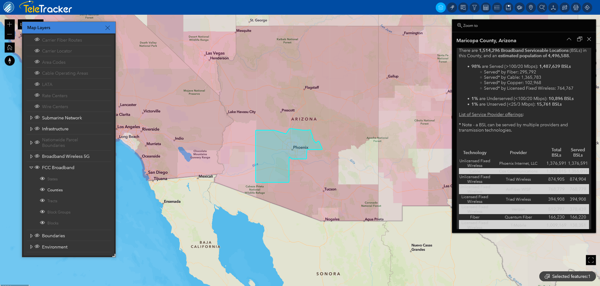 GeoTel's TeleTracker displays Maricopa County, Arizona on its Community base map. 