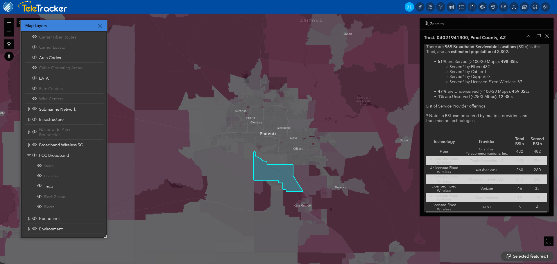 TeleTracker uses high-contrast polygons on the Dark Gray base map to show broadband terrestrial tracts in Phoenix, Arizona. 