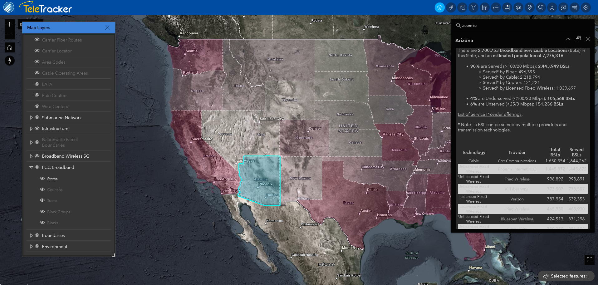 The state of Arizona is displayed on TeleTracker's Firefly Imagery base map. This map uses satellite imagery and high-contrast polygons to denote broadband terrestrial. 