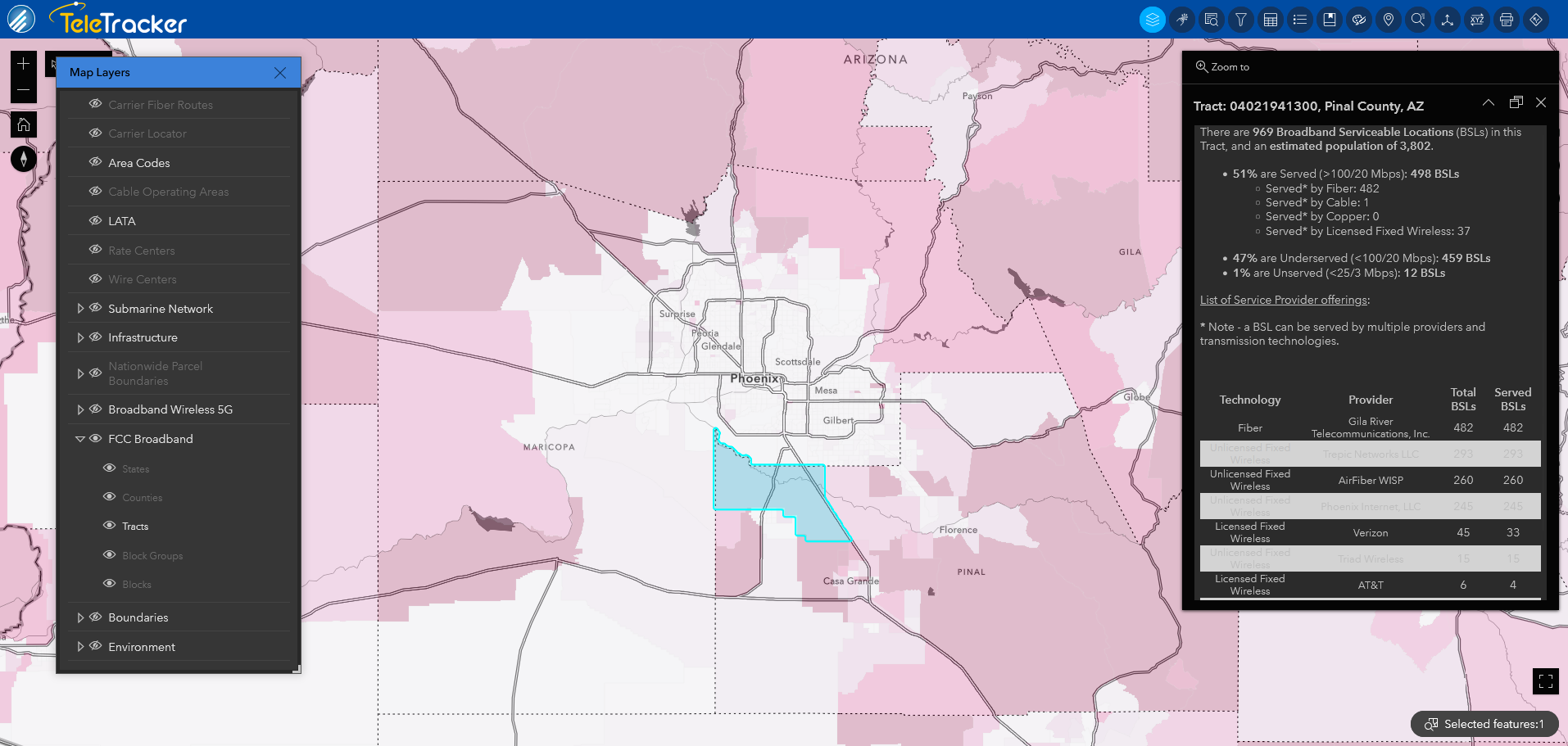 Broadband terrestrial tracts are displayed on the Human Geography base map in GeoTel's TeleTracker. 