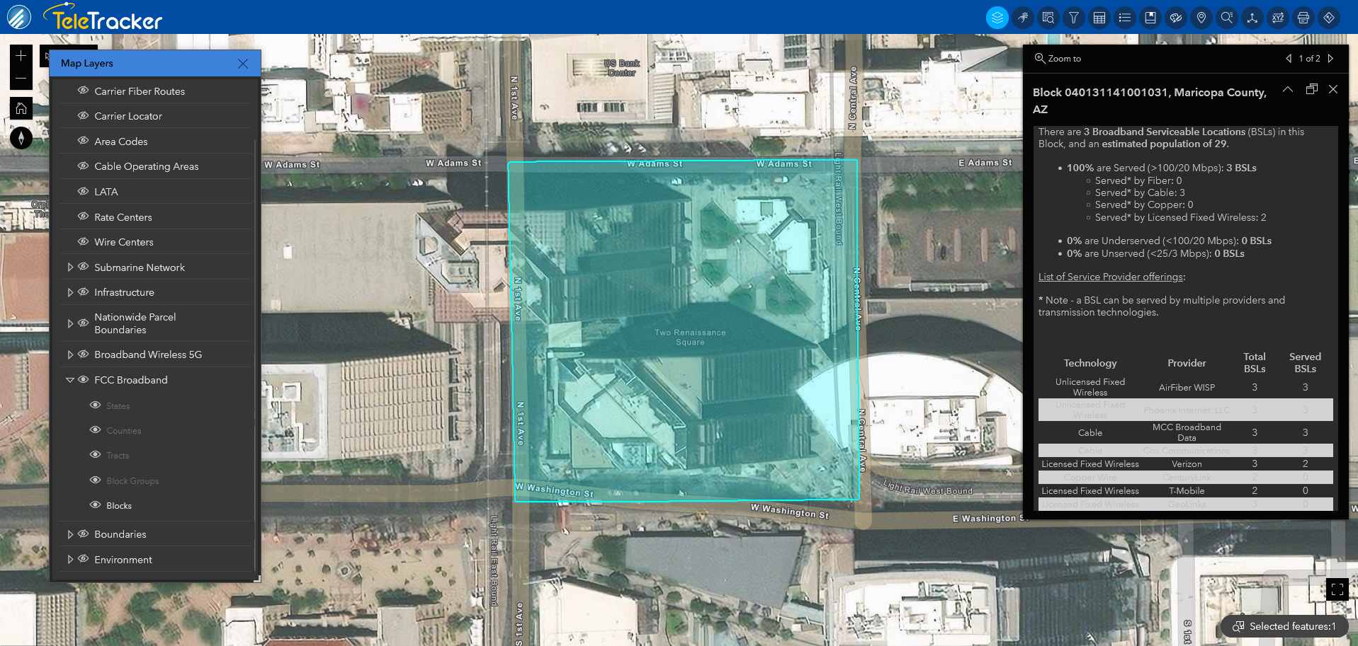 TeleTracker uses high-contrast polygons against satellite imagery on the Imagery Hybrid base map to show a block of broadband terrestrial in Arizona. 