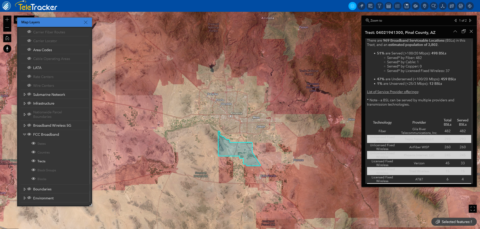 A broadband terrestrial tract is displayed with a high-contrast polygon in TeleTracker's Imagery Hybrid base map. 