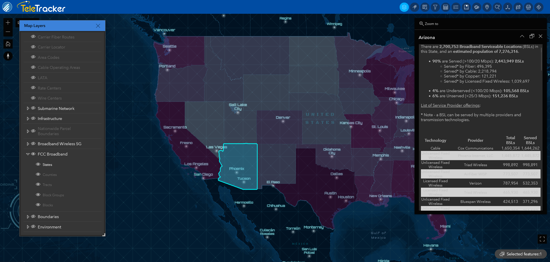 TeleTracker's high-contrast Nova base map displays broadband terrestrial details for the state of Arizona. 