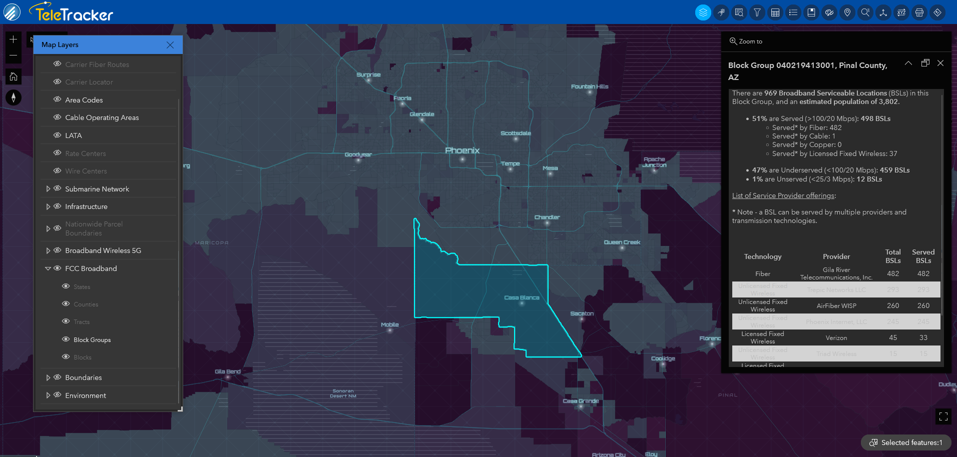 The Nova base map in GeoTel's TeleTracker displays a broadband terrestrial block group in Phoenix, AZ. 