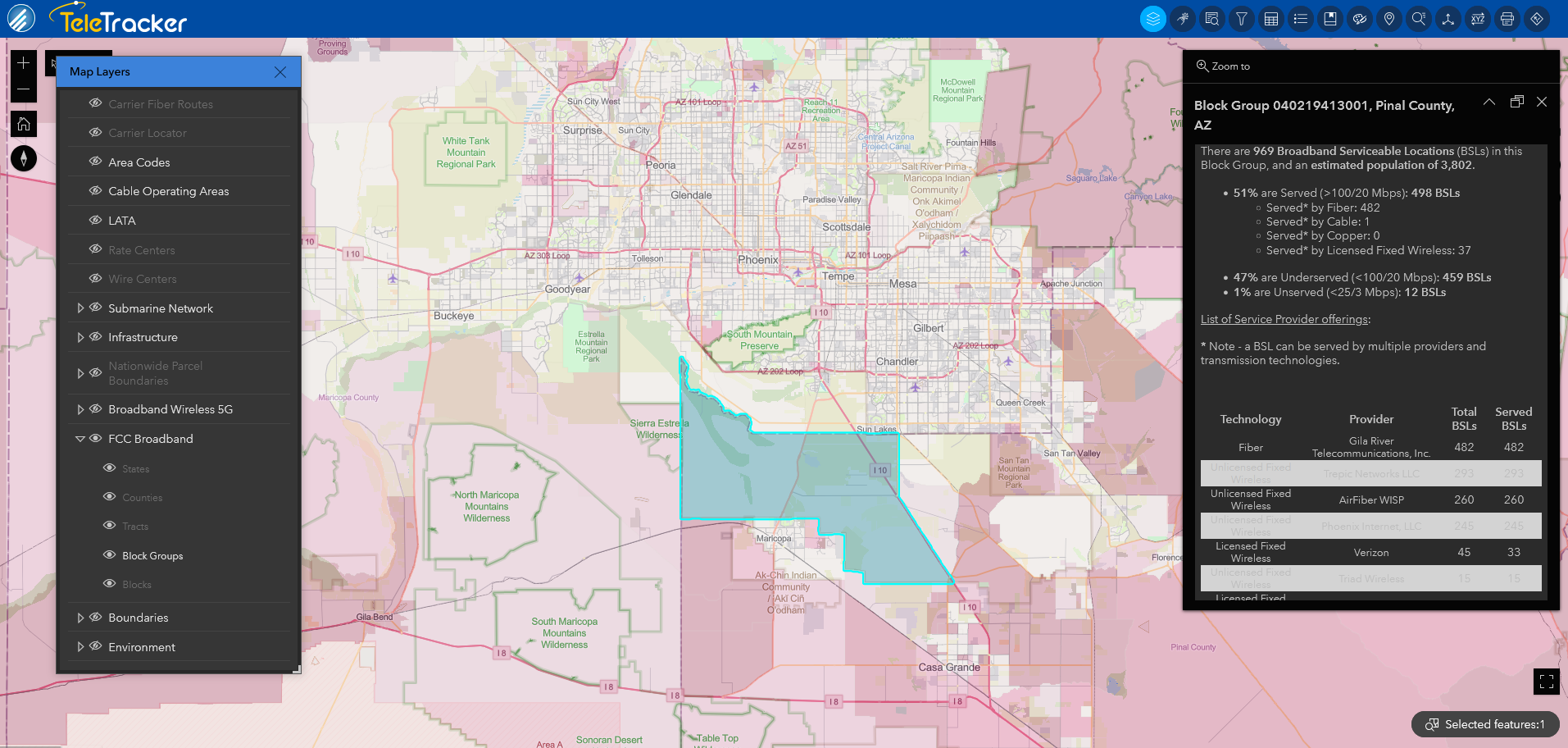 Broadband terrestrial block groups are displayed on the Open Street base map. This TeleTracker base map also shows streets and city details. 