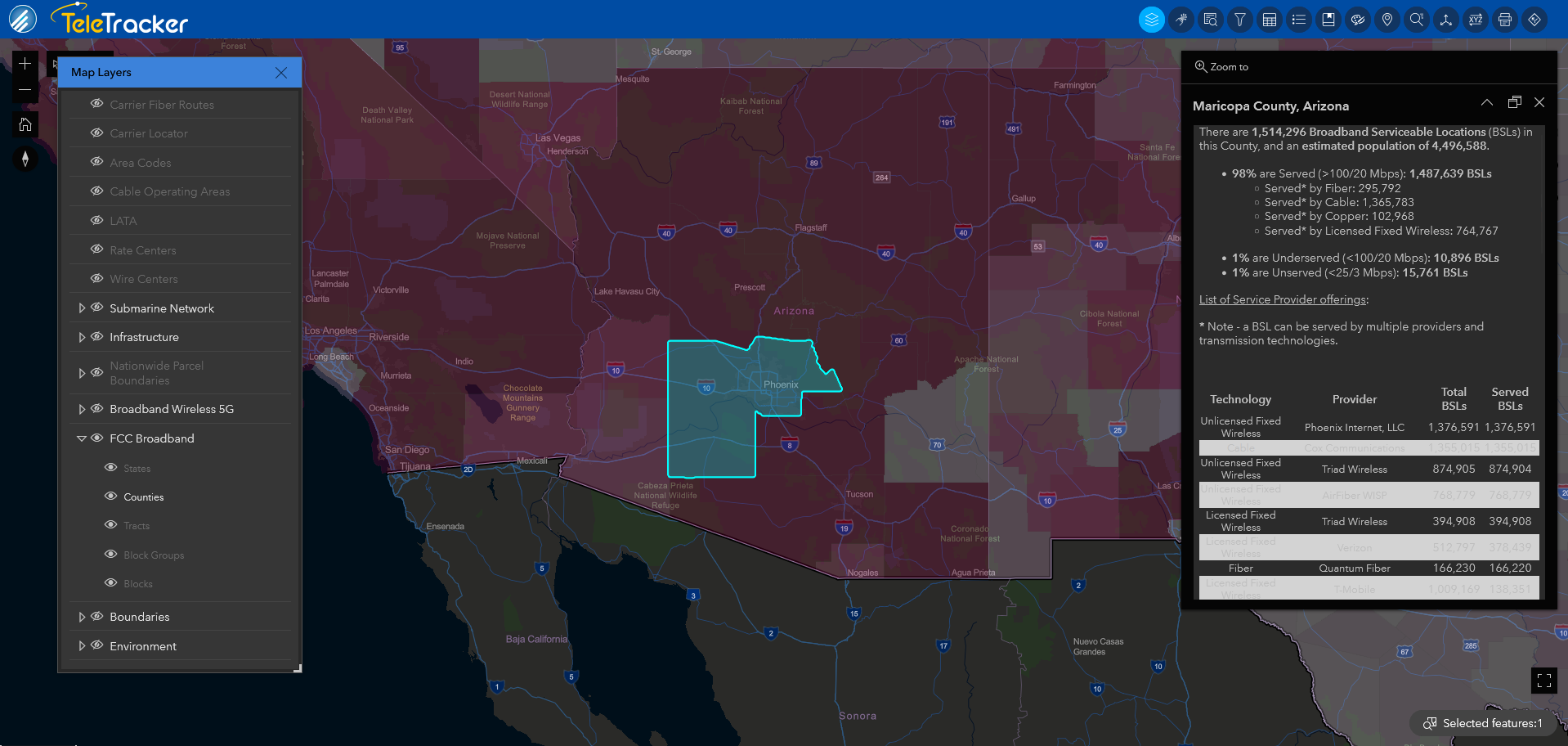 The image is of TeleTracker's Streets Night base map using a high-contrast polygon to denote Maricopa County's broadband terrestrial. 