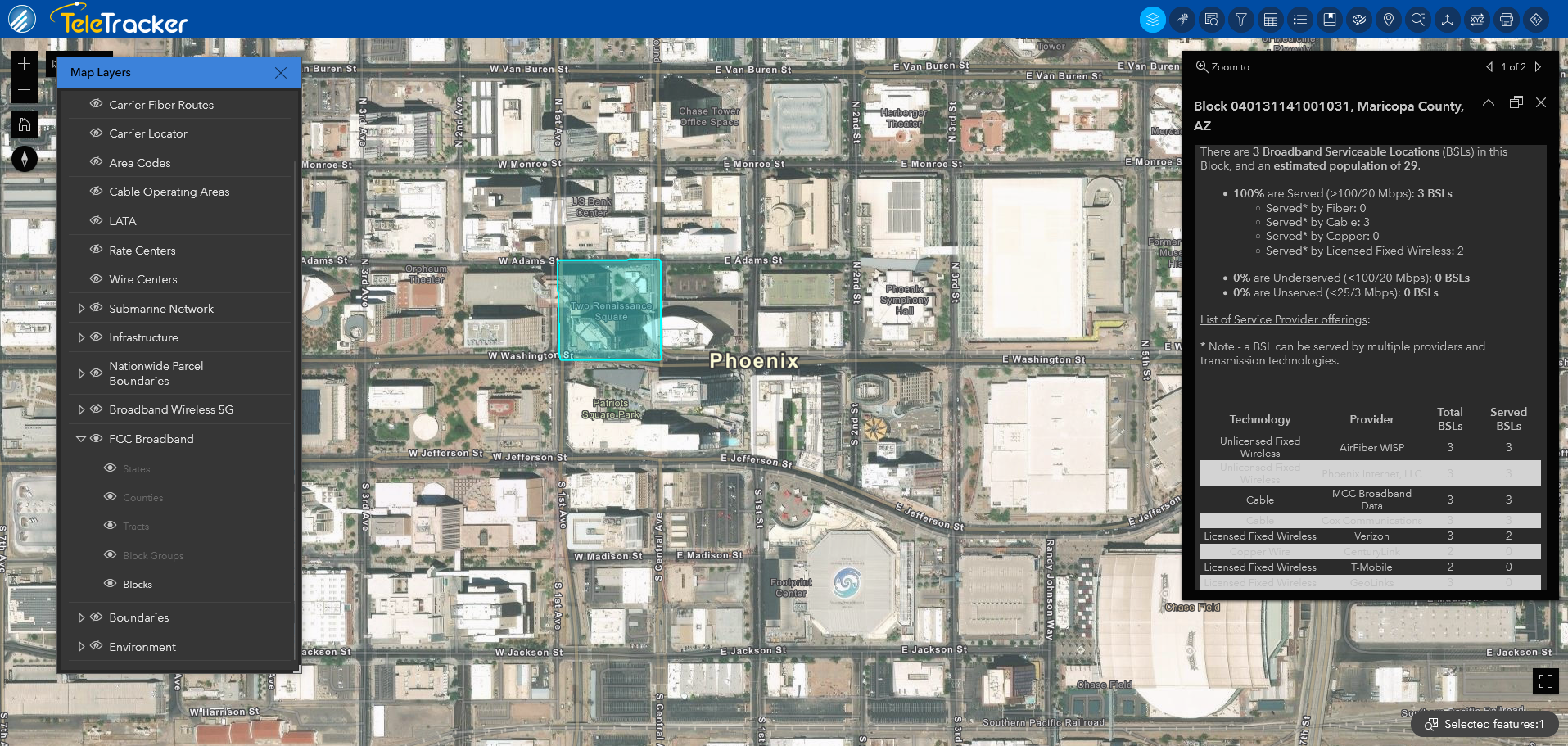 TeleTracker's Imagery Hybrid map utilizes satellite imagery. Here it is displaying a block of broadband terrestrial in Phoenix, AZ. 