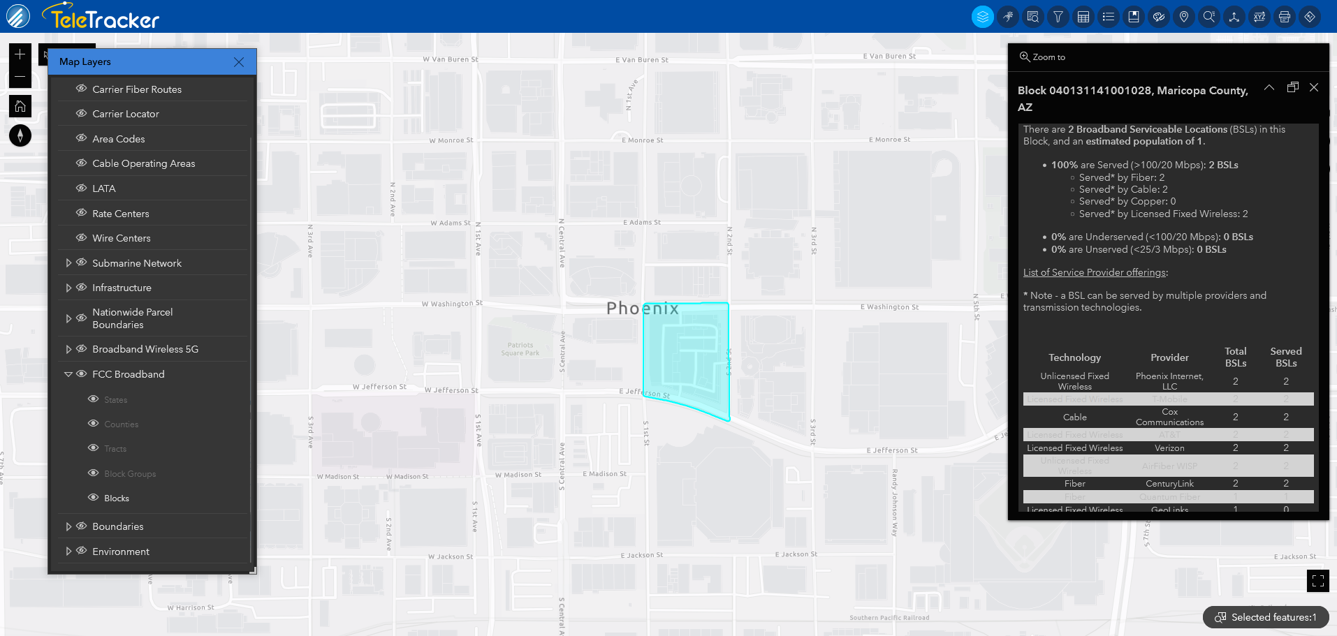 The Light Gray base map in TaleTracker shows a broadband terrestrial block in Phoenix, AZ. 