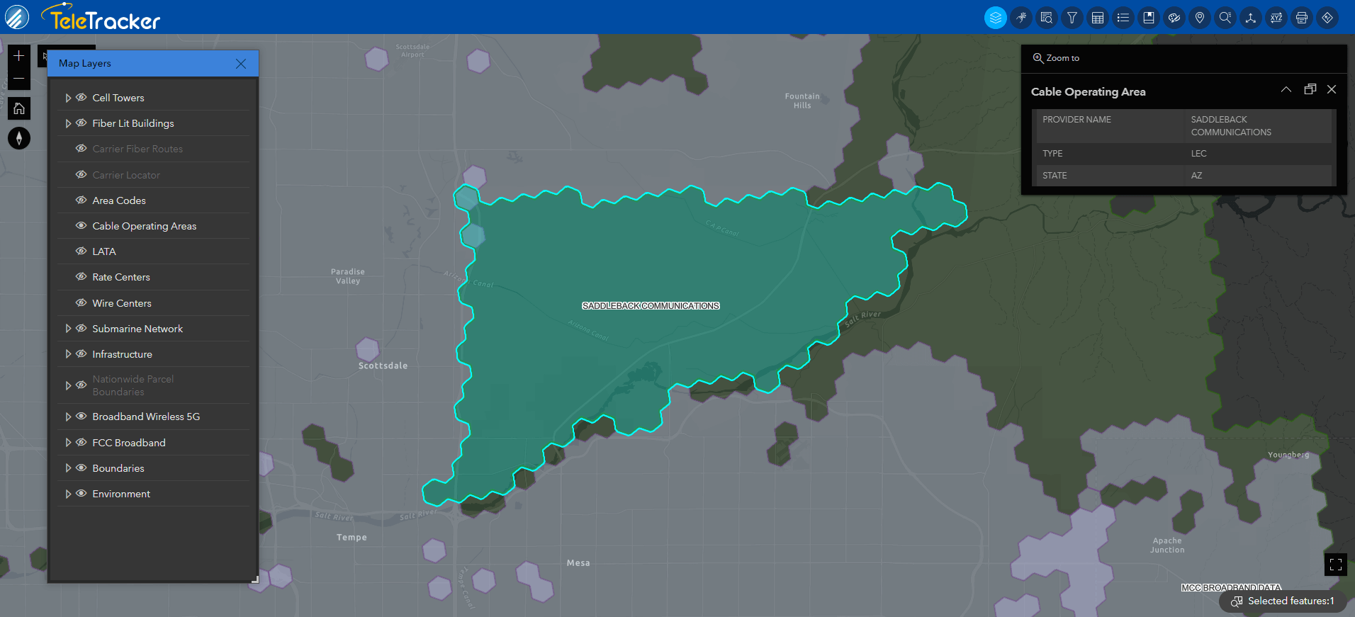 A cable operating area within Phoenix, Arizona is displayed on the Dark Gray Canvas base map in TeleTracker. This base map utilizes high-contrast polygons to differentiate selected cable operating areas. 