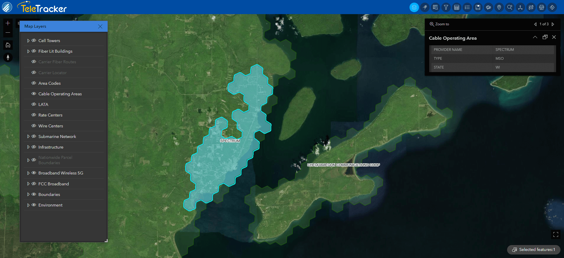 GeoTel's TeleTracker displays a cable operating area within Wisconsin on the Imagery base map. 