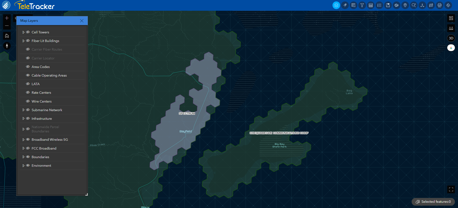 GeoTel's TeleTracker displays a cable operating area in Wisconsin. This is shown on the Nova base map which uses high-contrast polygons. 