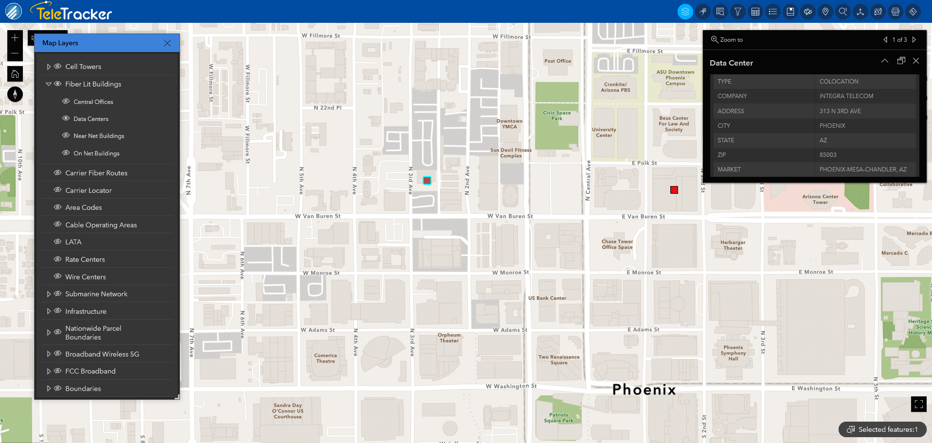 GeoTel's TeleTracker displays data centers on its Community base map. Data center details are located in the top right pop-out. 