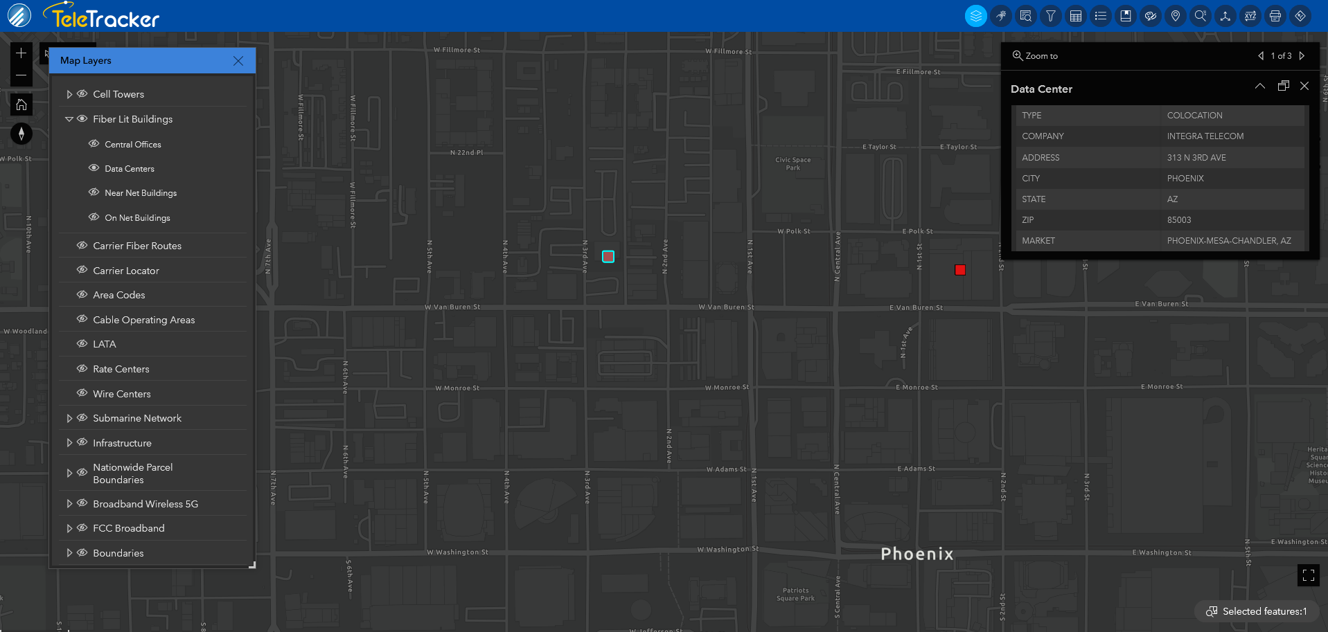 High-contrast red icons denote data centers in Phoenix, AZ on TeleTracker's Dark Gray base map.