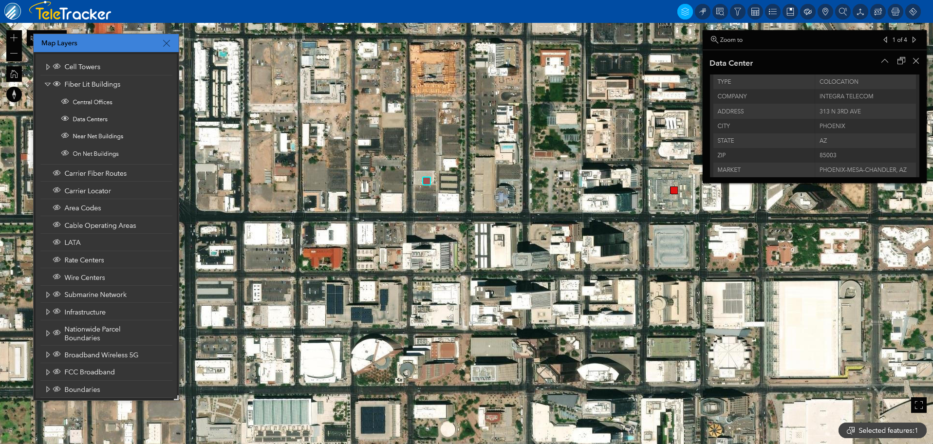 Data centers in Phoenix, AZ are shown with high-contrast icons on TeleTracker's Imagery base map. This map uses satellite imagery. 