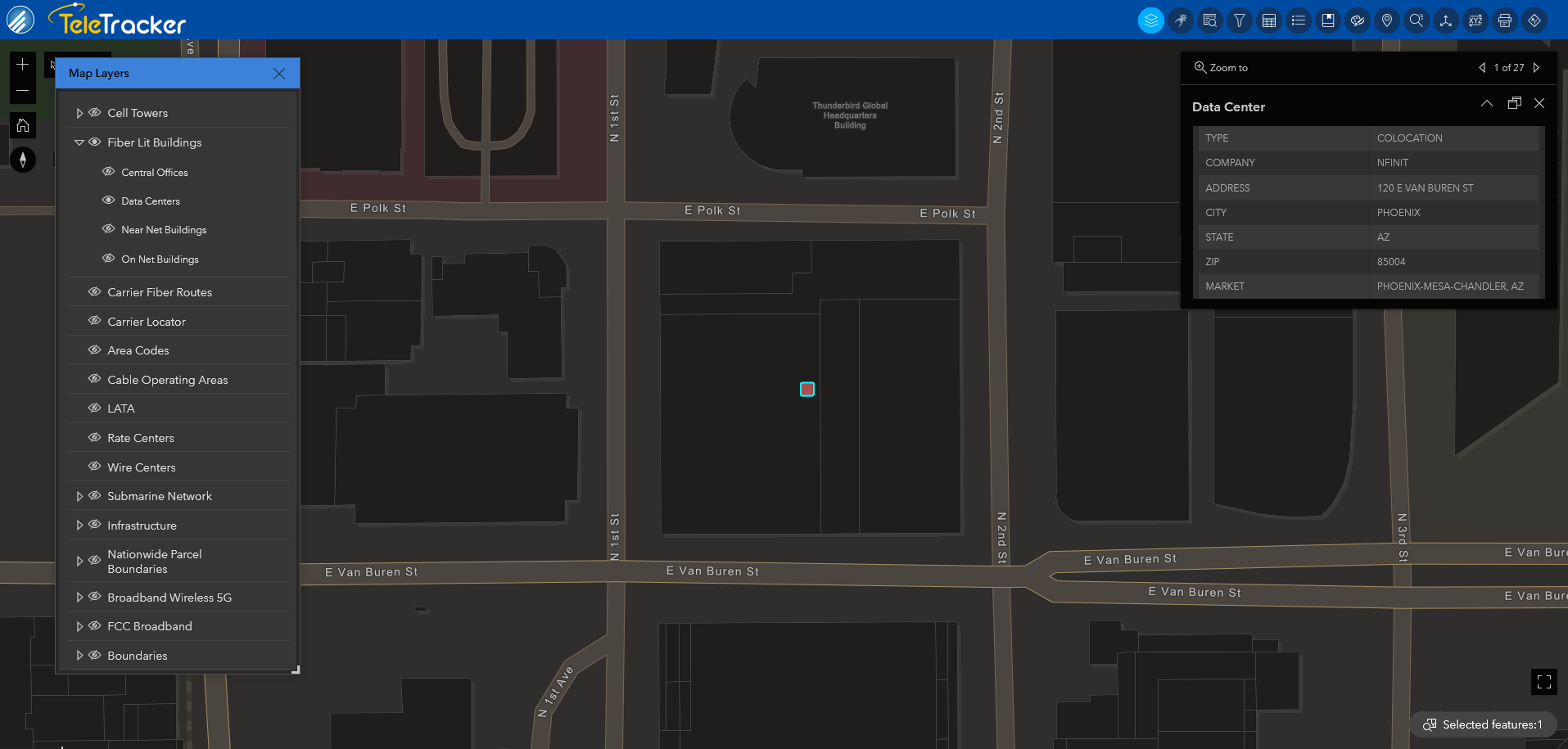 A data center in Arizona is displayed on TeleTracker's Navigation Dark Mode base map. This map is the dark/ nighttime mode used with many familiar GPS applications. 