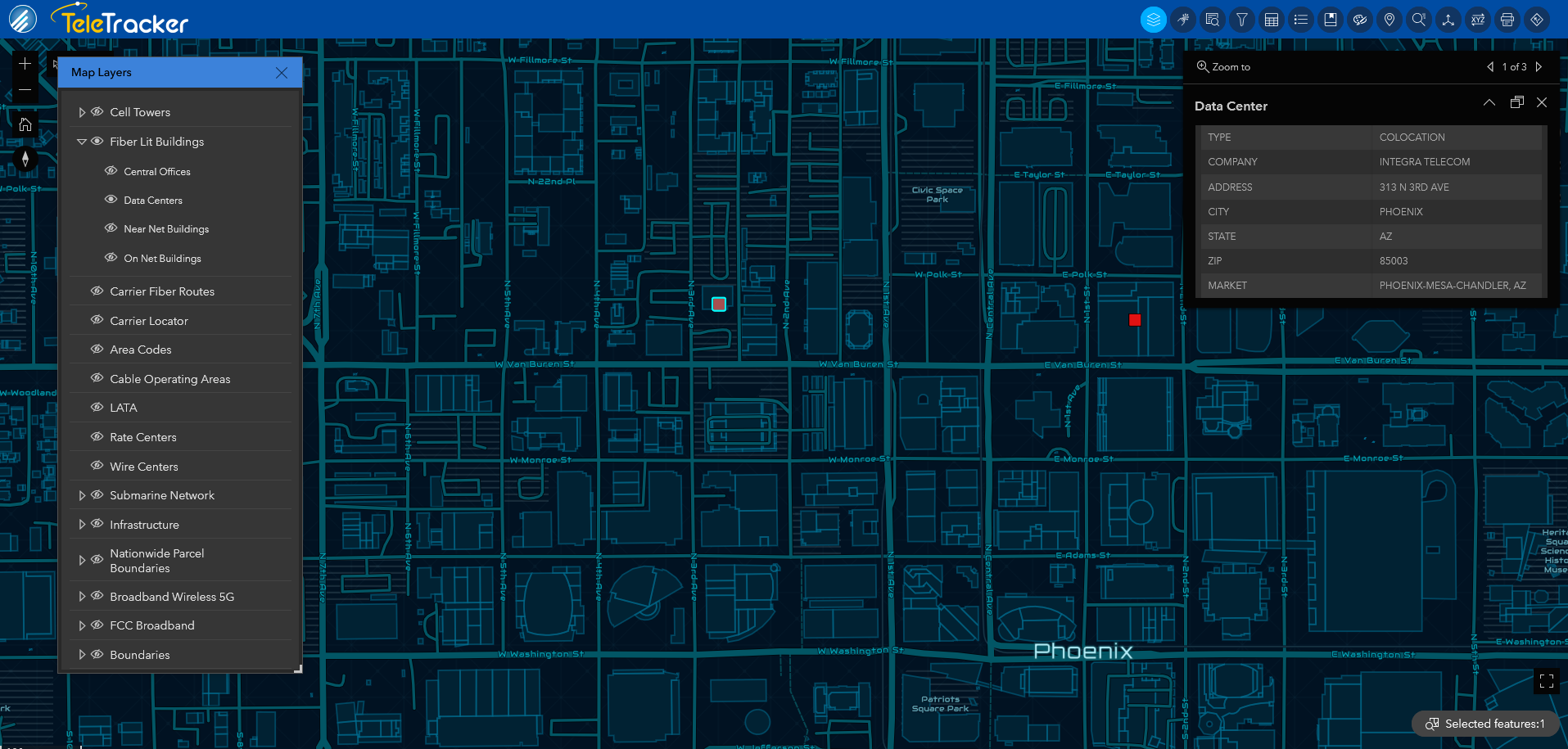 The high-contrast Nova base map within GeoTel's TeleTracker displays data centers in Phoenix, Arizona. 