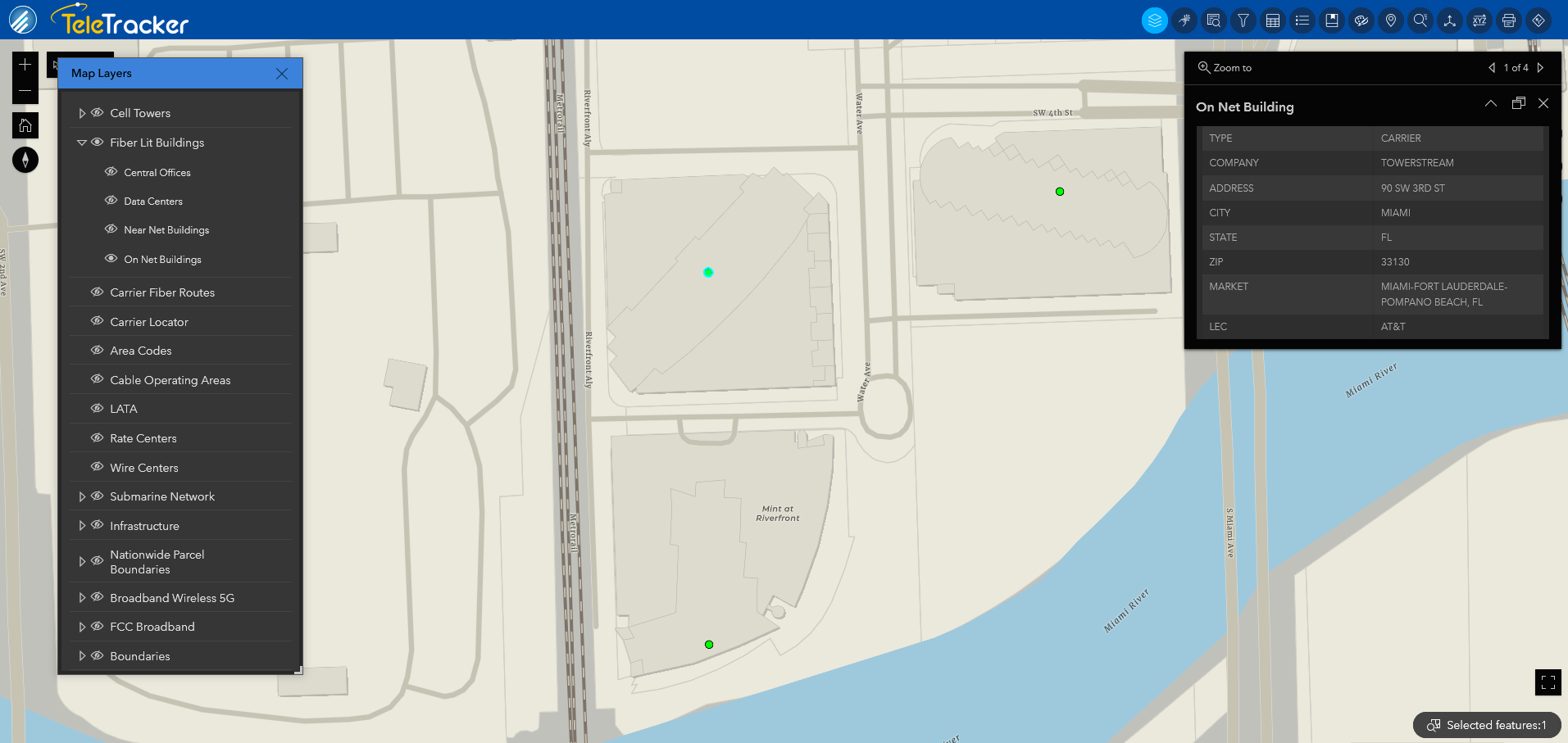 An option on TeleTracker's fiber maps is to look up fiber-lit buildings. Fiber-lit buildings in Miami, Florida are shown on TeleTracker's Charted Territory base map. 