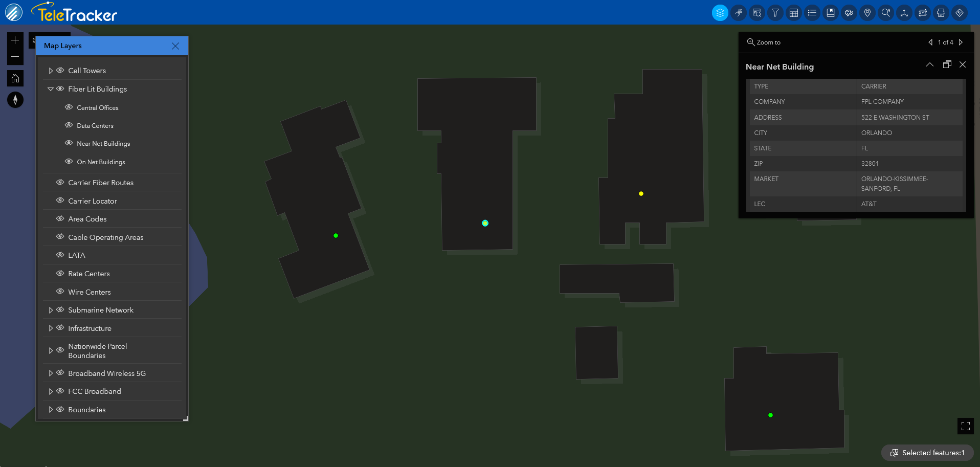 Fiber-lit buildings in Orlando, FL are displayed on TeleTracker's Navigation Dark Mode base map which is similar to the dark/ nighttime mode used on most mobile GPS applications. 