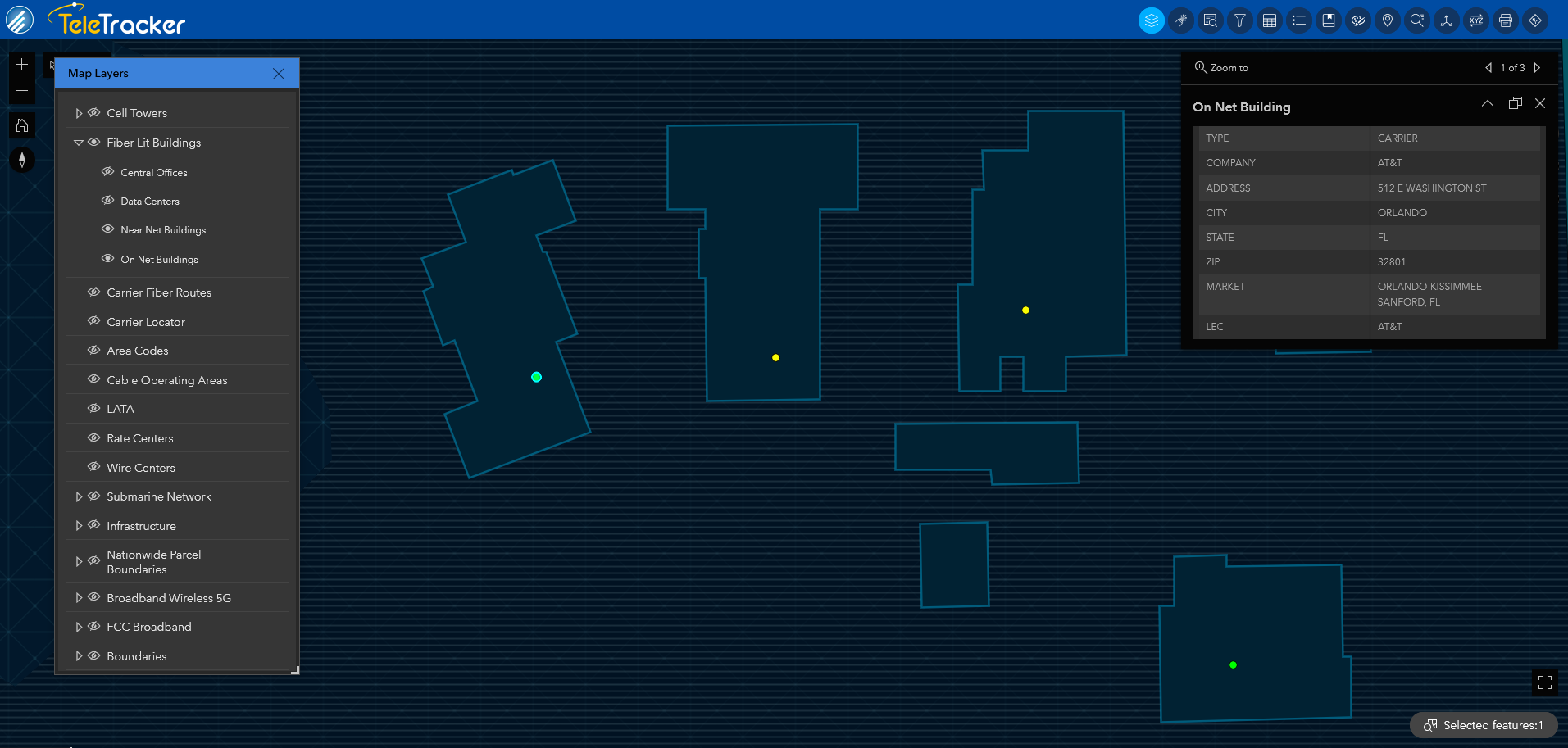 TeleTracker's Nova base map displays fiber-lit buildings in Orlando, FL, denoted by high-contrast symbols. 