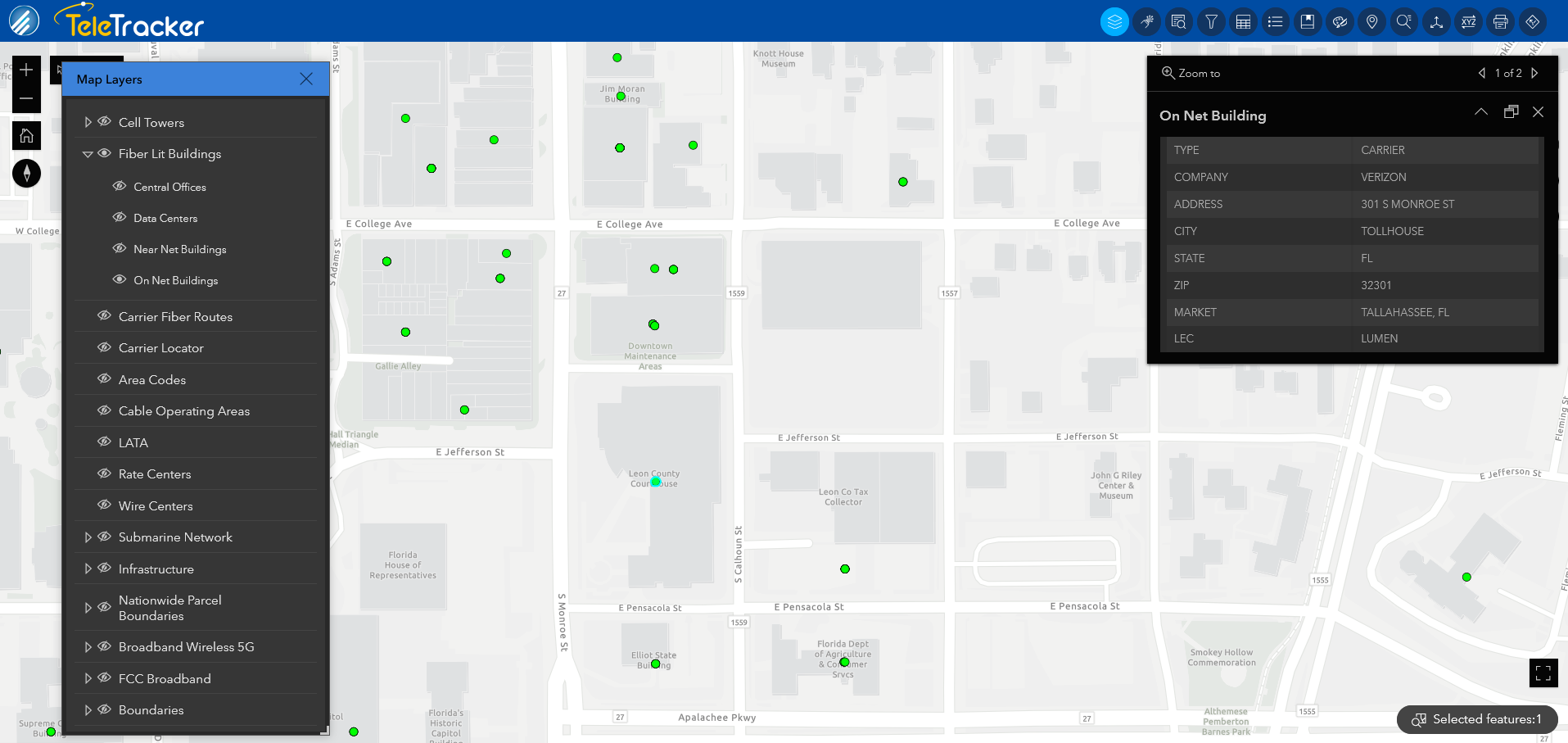 The Light Gray base map in TeleTracker uses high-contrast symbols to show the location of fiber-lit buildings in Tallahassee, FL. 