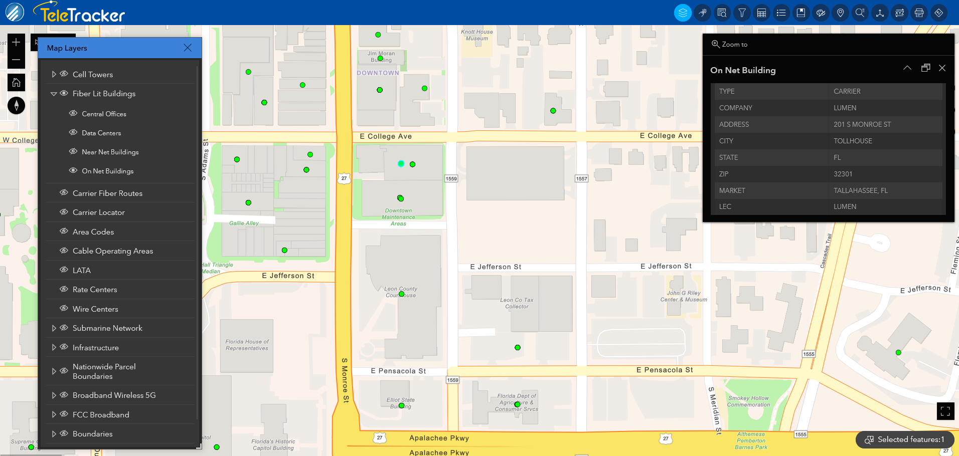 The navigation base map in TeleTracker displays fiber-lit buildings within Tallahassee, Florida. This base map has street and building labels and is familiar to most mobile GPS applications. 