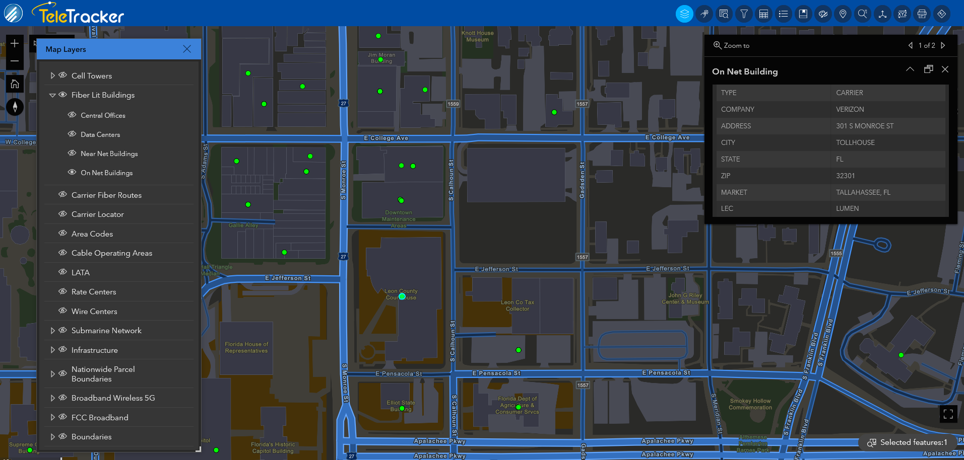 TeleTracker's Streets at Night base map uses high-contrast icons to show fiber-lit buildings in the Tallahassee area. 