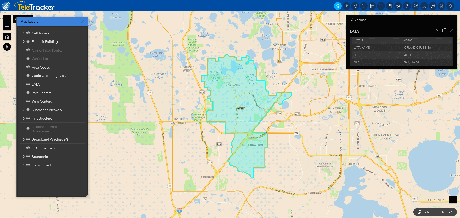 The LATA boundary in central Florida is shown on TeleTracker's navigation base map which utilizes labels and icons used on common mobile GPS applications. 