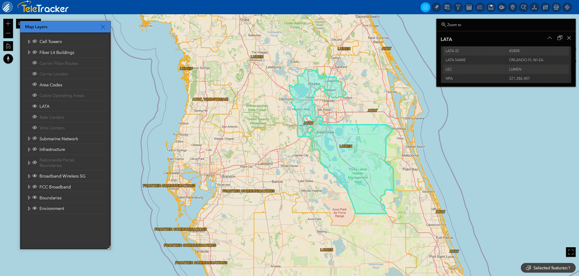 This image is an example of GeoTel's fiber maps that display LATA boundaries. This LATA boundary in central Florida is displayed on TeleTracker's Street base map. 