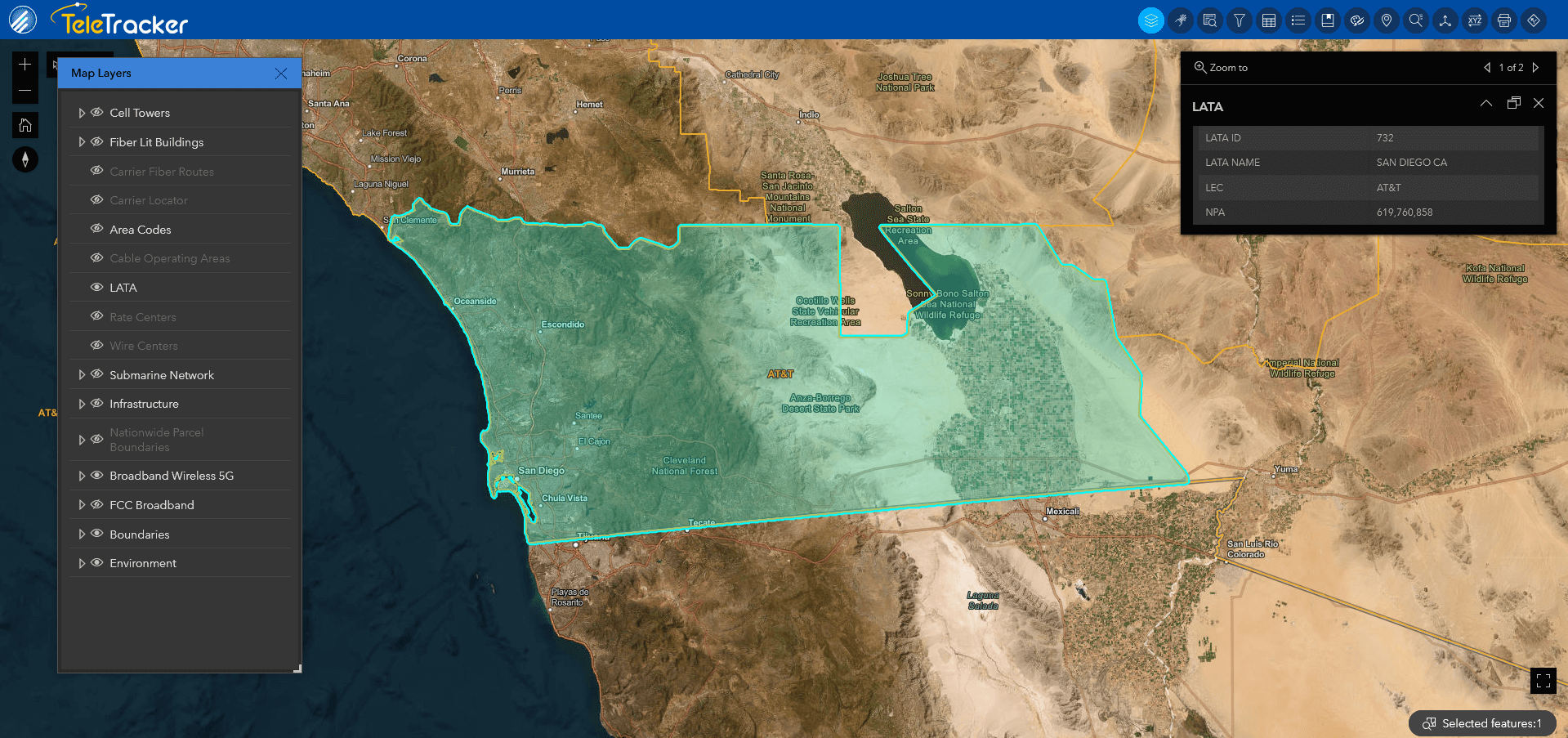 The LATA boundary for San Diego, CA is displayed using a high-contrast polygon against the Imagery hybrid base map in GeoTel's TeleTracker. 