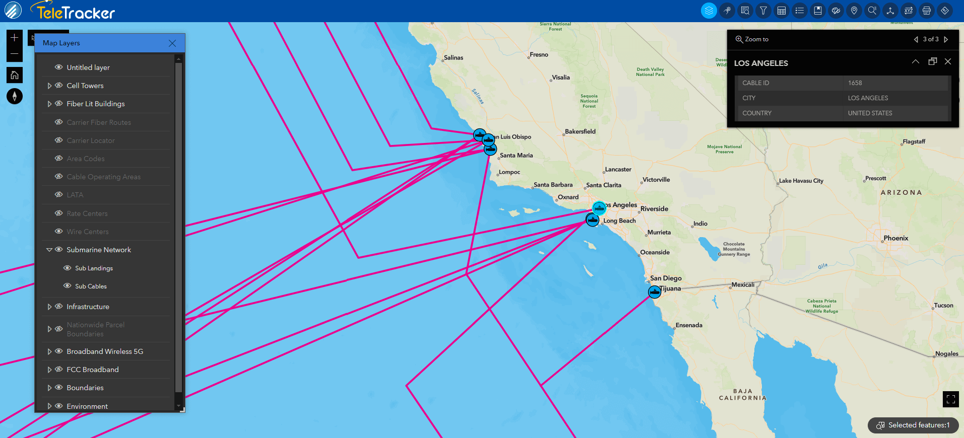 This image shows TeleTracker's Community base map displaying submarine cables and landings off the coast of Southern California. 