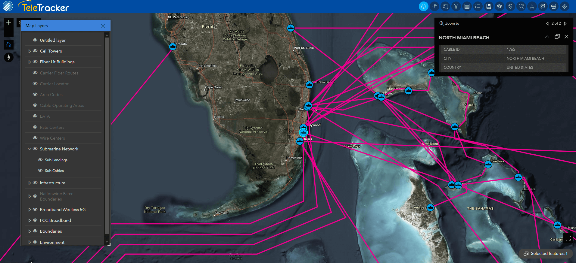 This image shows an example of GeoTel's fiber maps that display submarine cables and landings. This image shows submarine cables and landings off the South Florida coast on the Firefly Hybrid Map which uses high-contrast lines and icons as well as shows geographic details in the selected areas. 