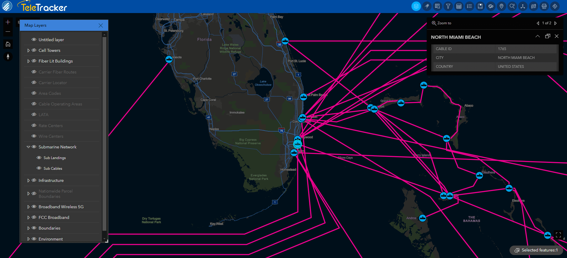 Submarine cables and landings off of South Florida's coast are displayed on TeleTracker's high-contrast Streets Night base map. 