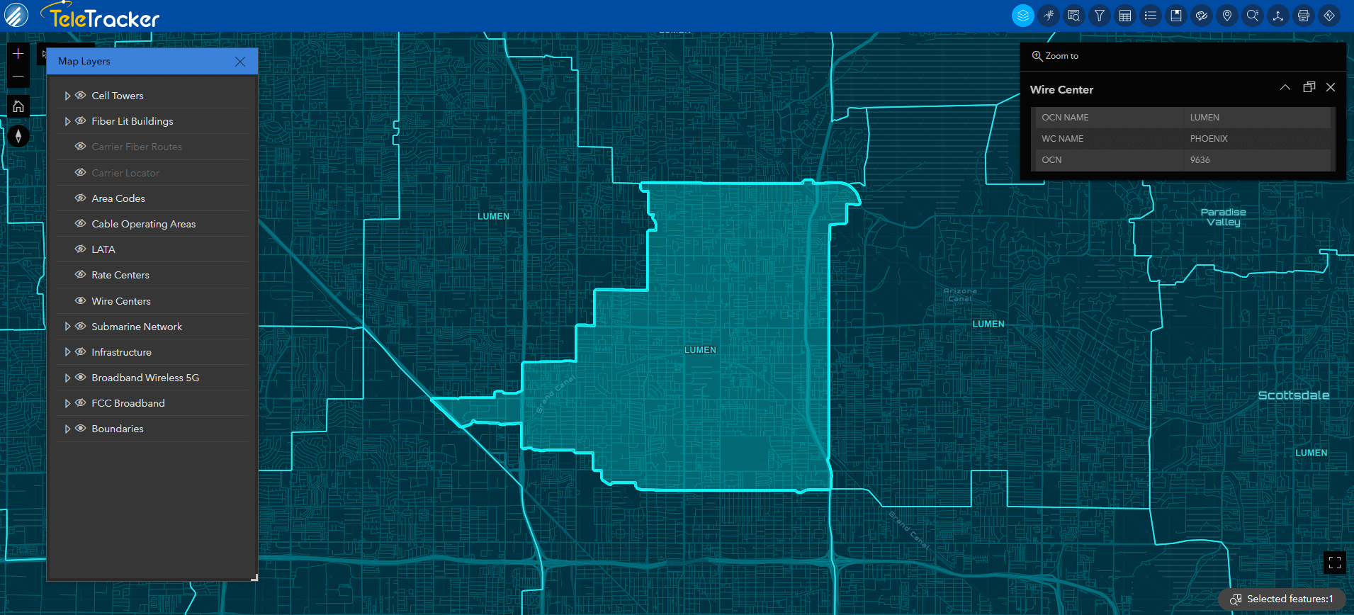 A wire center in Phoenix, Arizona is displayed on the Nova base map within GeoTel's TeleTracker.