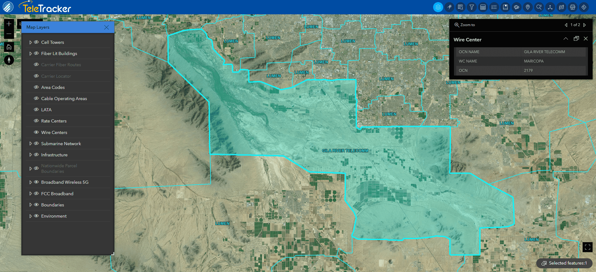 TeleTracker's Imagery Hybrid base map displays a high-contrast polygon of a wire center in Phoenix, AZ. 