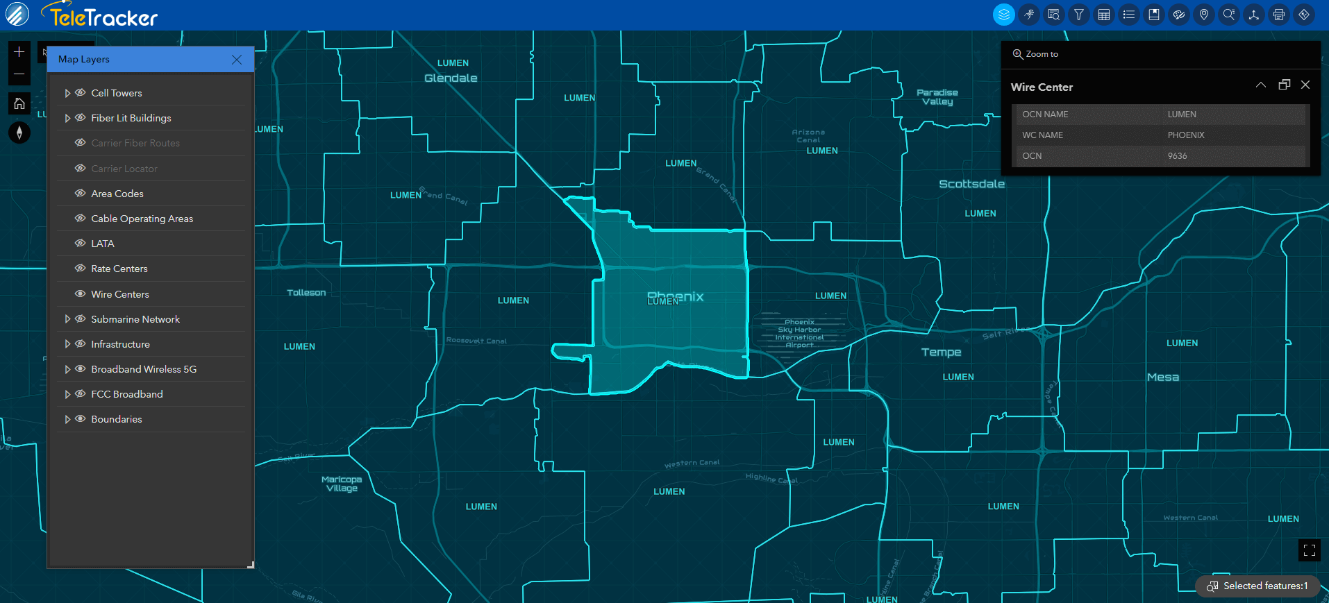 This image shows wire centers around Phoenix, AZ on TeleTracker's high-contrast Nova base map. 