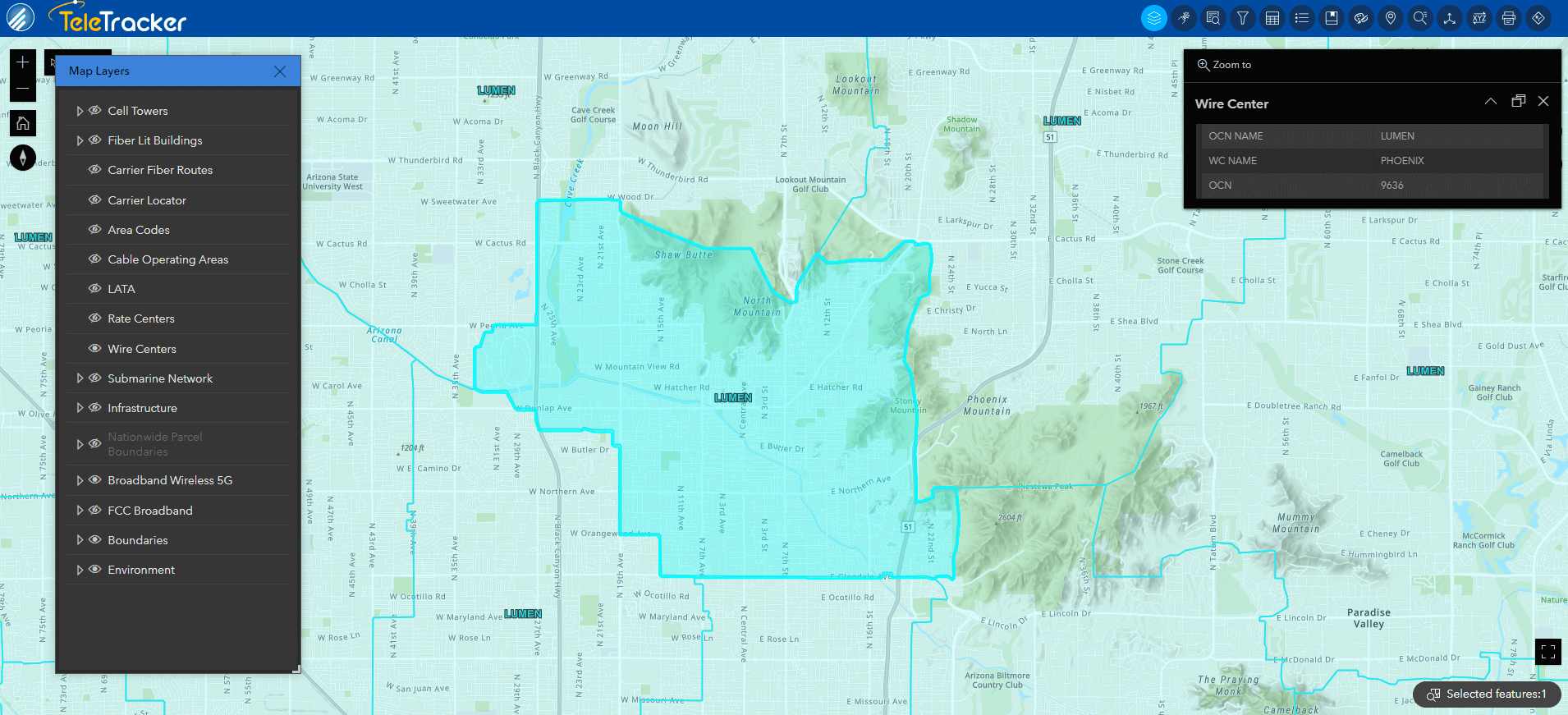 GeoTel's TeleTracker displays a wire center in Phoenix, Arizona using high-contrast polygons on the Topographic base map. 