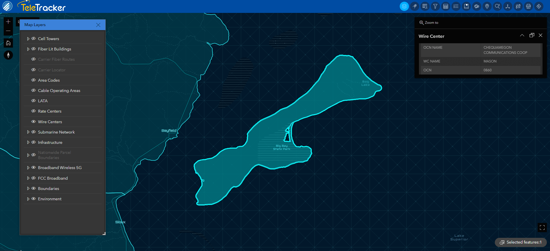 A wire center in Wisconsin is displayed on the high-contrast Nova base map within TeleTracker. 