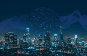 This image is representative of wavelength services. It shows a city skyline with a globe made of interlocked connections above it.